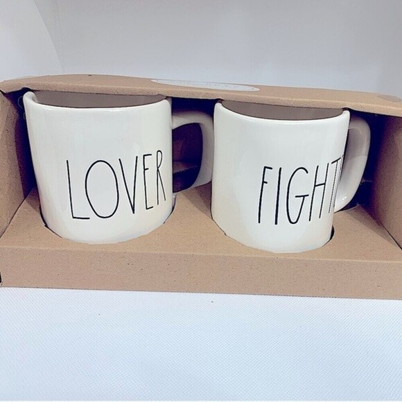 Rae Dunn Lover & Fighter Ceramic Coffee Mug Set‎ - Picture 2 of 5
